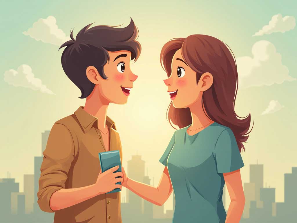 Illustration of two people smiling as they talk face to face in front of a city skyline