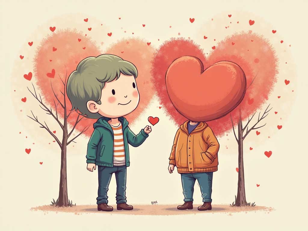 Illustration of a person holding out a small heart to someone whose head is hidden behind a large heart