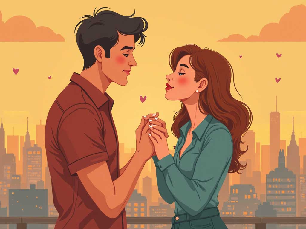 Illustration of a couple holding hands in front of a city skyline at sunset