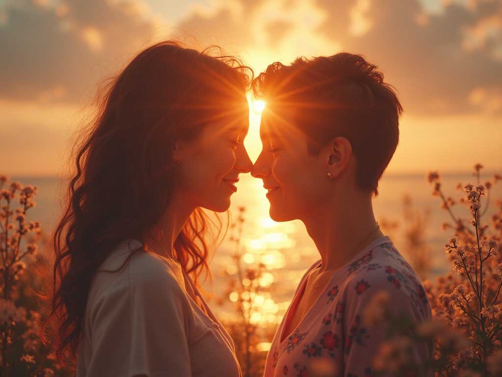 Two women face to face, foreheads almost touching, at sunset by the sea