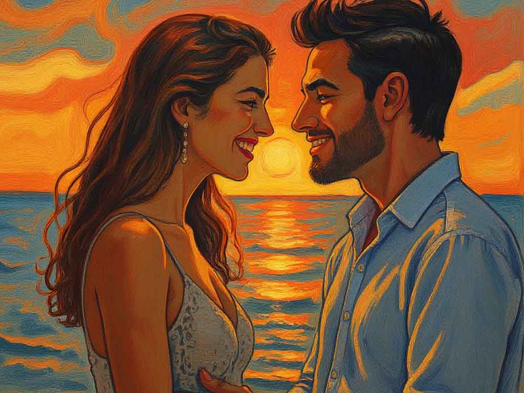 Painting of a smiling couple facing each other at sunset over the sea